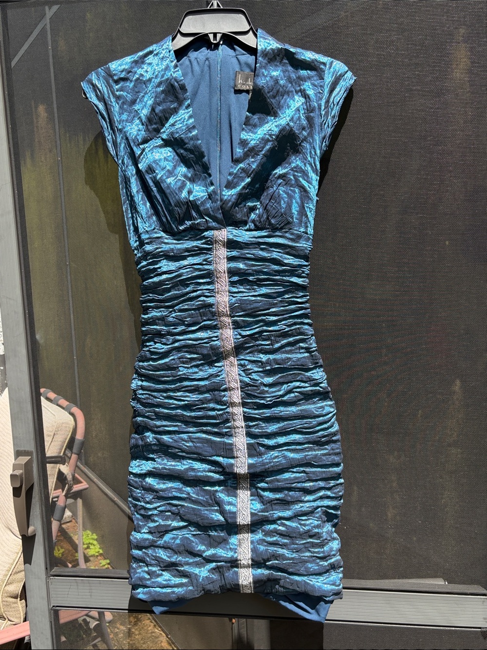 Nicole Miller Sleeveless Teal & Black Ruched V-Neck Dress, Size 8